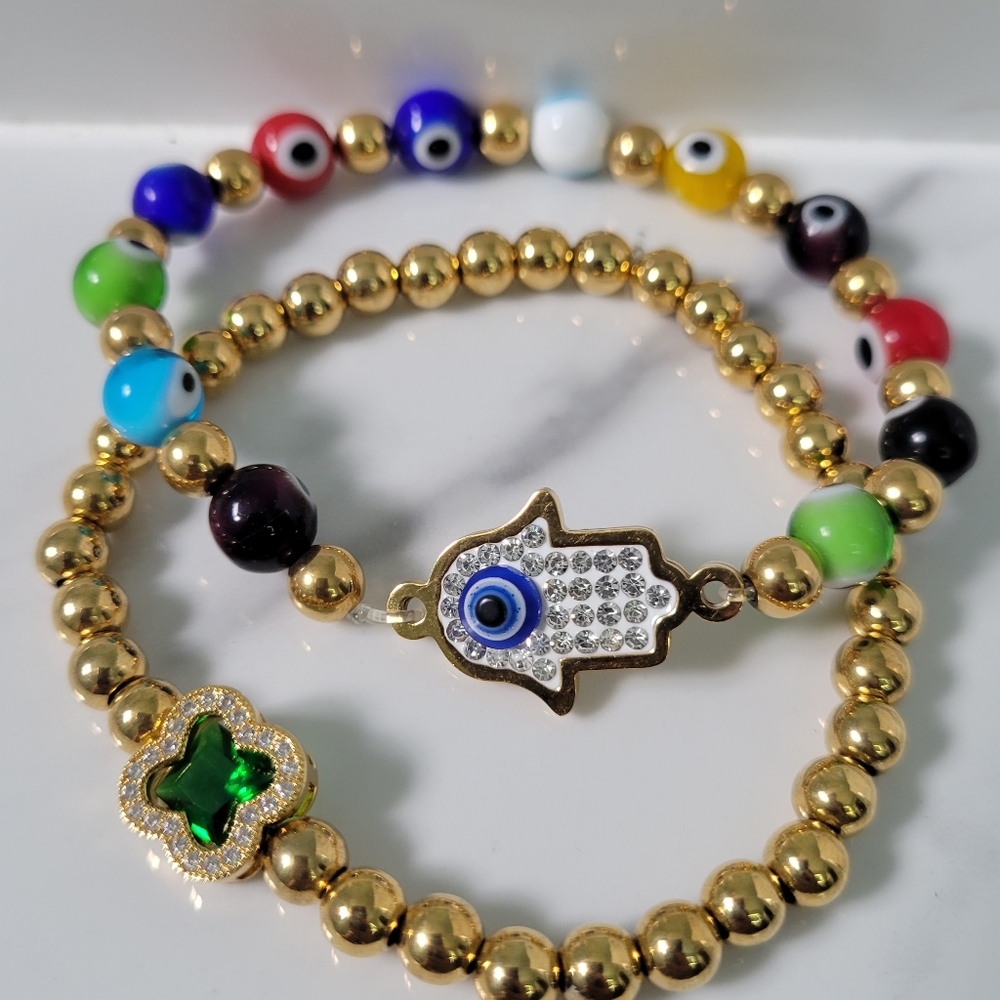 BRACELET 2 PIECES Cubic Zirconia Decor Eye Detail Hamsa Hand and Flower SSteel
